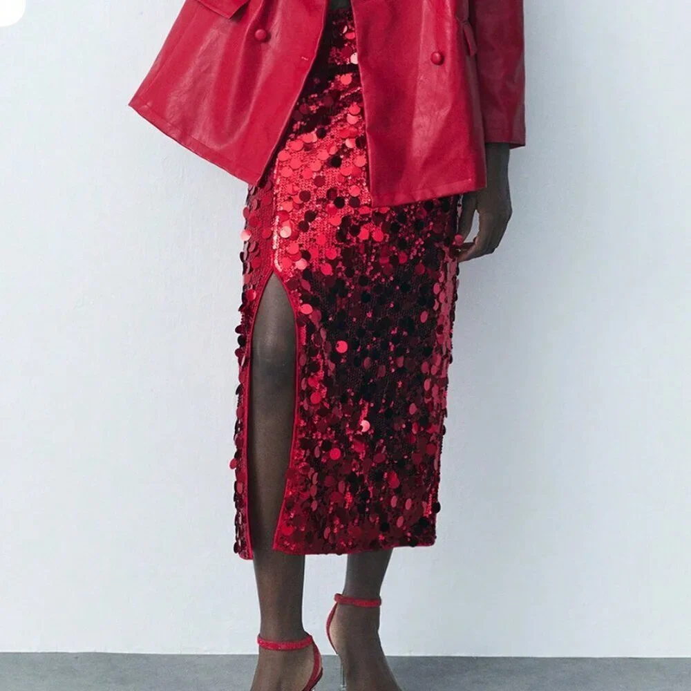 Red Party Women's Sequin Fitted Split Design Skirt